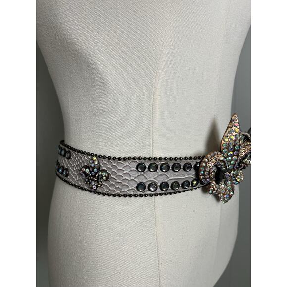 Nocona Leather Belt Womens Large White Western Fleur De Lis Rhinestone Studded main image 6